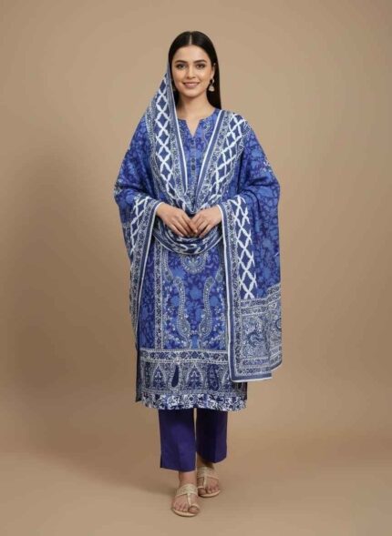 Maria B Style Blue Printed Lawn Suit fabric in unstitched 3-piece set with detailed blue and white paisley and floral patterns on the lawn shirt and a deep blue plain trouser.