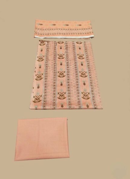Maria B Peach Printed Lawn Suit unstitched 3-piece fabric with soft peach color, vertical white and green floral prints, and a coordinating plain cambric trouser piece.