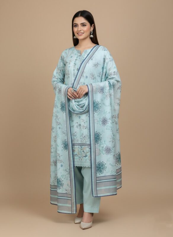 Model wearing a tailored blue floral embroidered wool unstitched suit with dupatta and trousers, ready for winter.