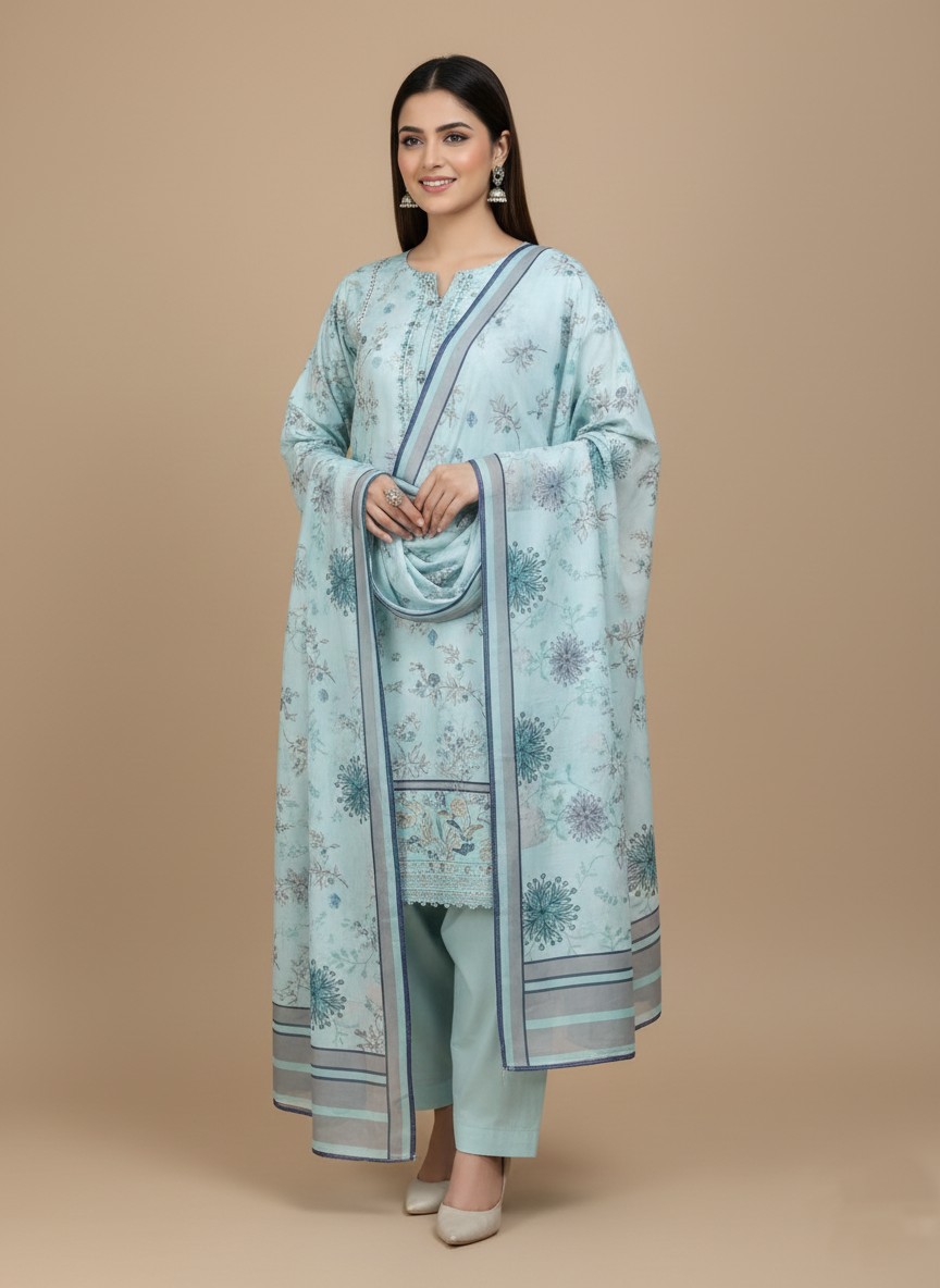 Winter Wool Embroidered Unstitched Suit 3-Piece 1 Model wearing a tailored blue floral embroidered wool unstitched suit with dupatta and trousers, ready for winter.