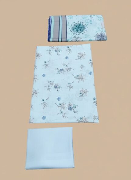 Close-up of a neatly folded three-piece wool unstitched suit fabric in blue floral print and plain blue, laid out on a beige background.