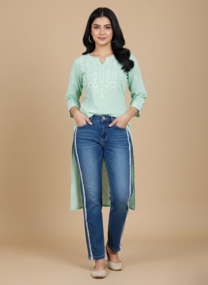 Women's blue denim jeans with white side stripes, fashion, trendy, clothing, casual wear, striped jeans, comfortable.