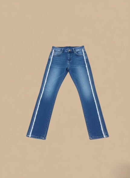 Women's blue denim jeans with white side stripes, fashion, trendy, clothing, casual wear, striped jeans, comfortable.