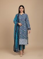 A flat lay image of a blue floral printed lawn suit for women, showing an unstitched shirt with intricate floral patterns and a patterned border, along with a matching printed chiffon dupatta.