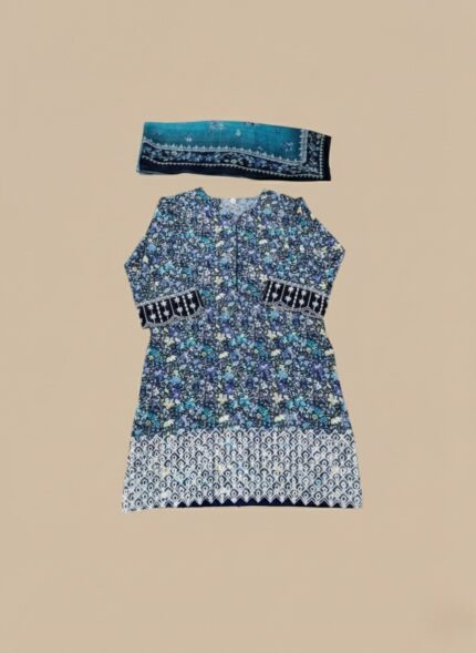 A flat lay image of a blue floral printed lawn suit for women, showing an unstitched shirt with intricate floral patterns and a patterned border, along with a matching printed chiffon dupatta.