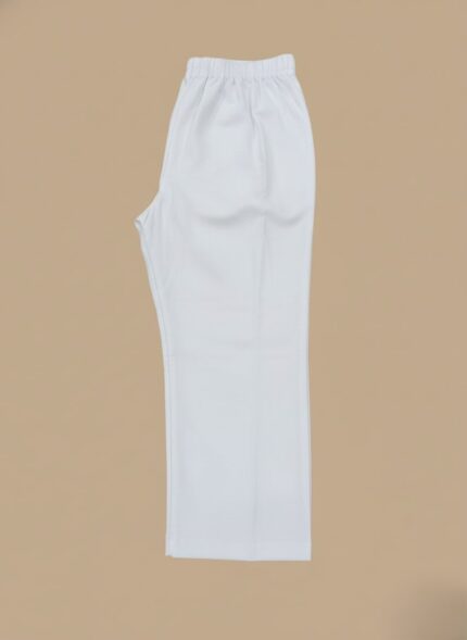 Folded white uniform pants with an elastic waistband, suitable for professional workwear.