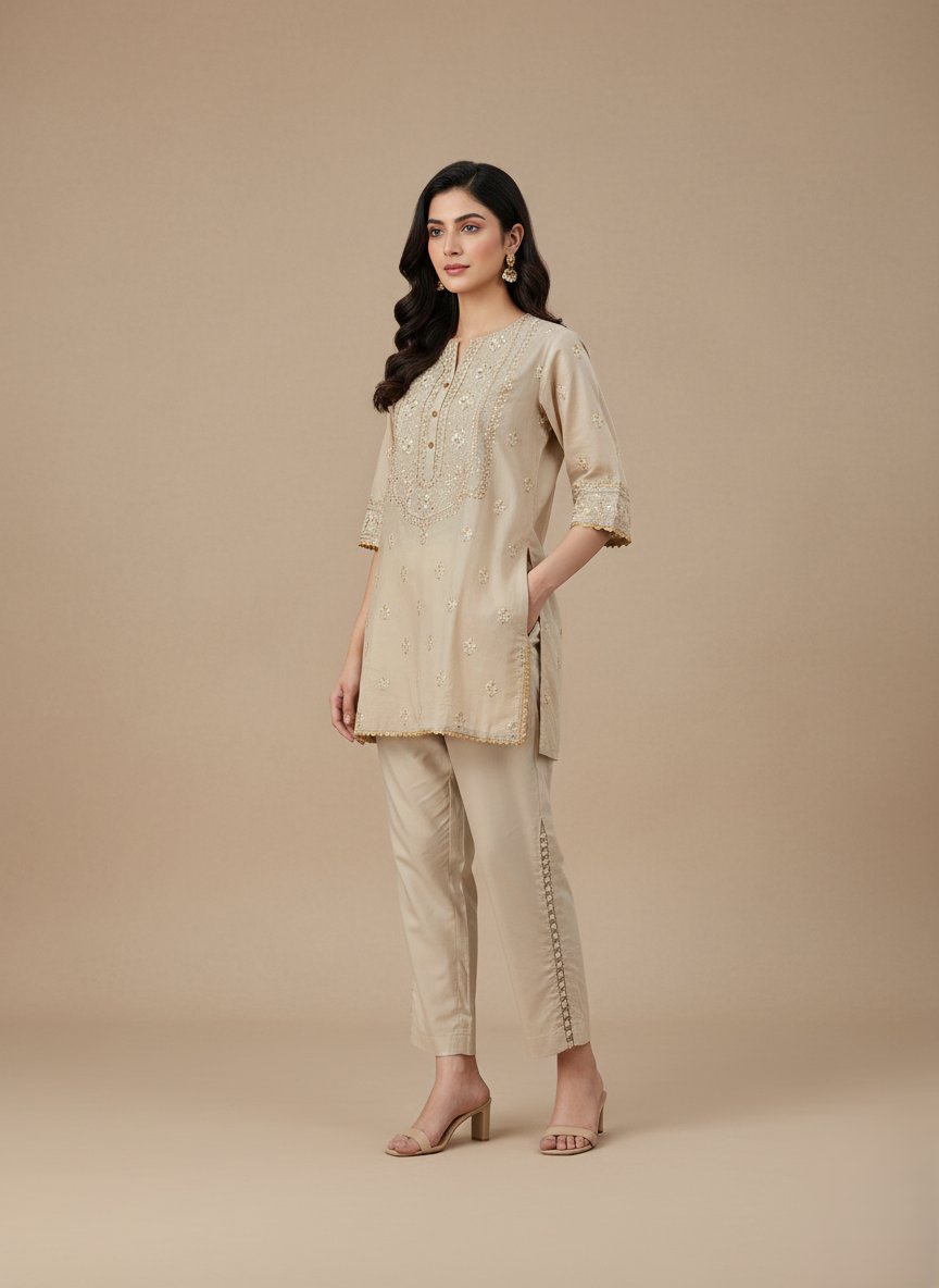 Women's Cropped Trousers with Side Loop Detail - Comfortable & Stylish Beige Capris-1 Beige women's cropped trousers with decorative side loop detail and elastic waist.