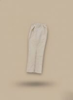 Beige women's cropped trousers with decorative side loop detail and elastic waist.