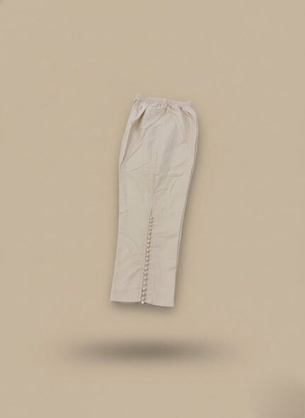 Beige women's cropped trousers with decorative side loop detail and elastic waist.