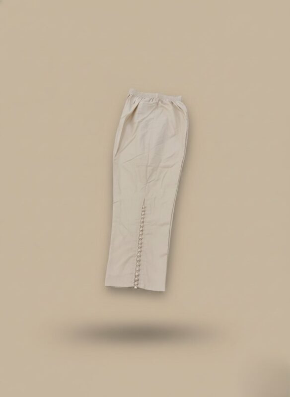 Beige women's cropped trousers with decorative side loop detail and elastic waist.