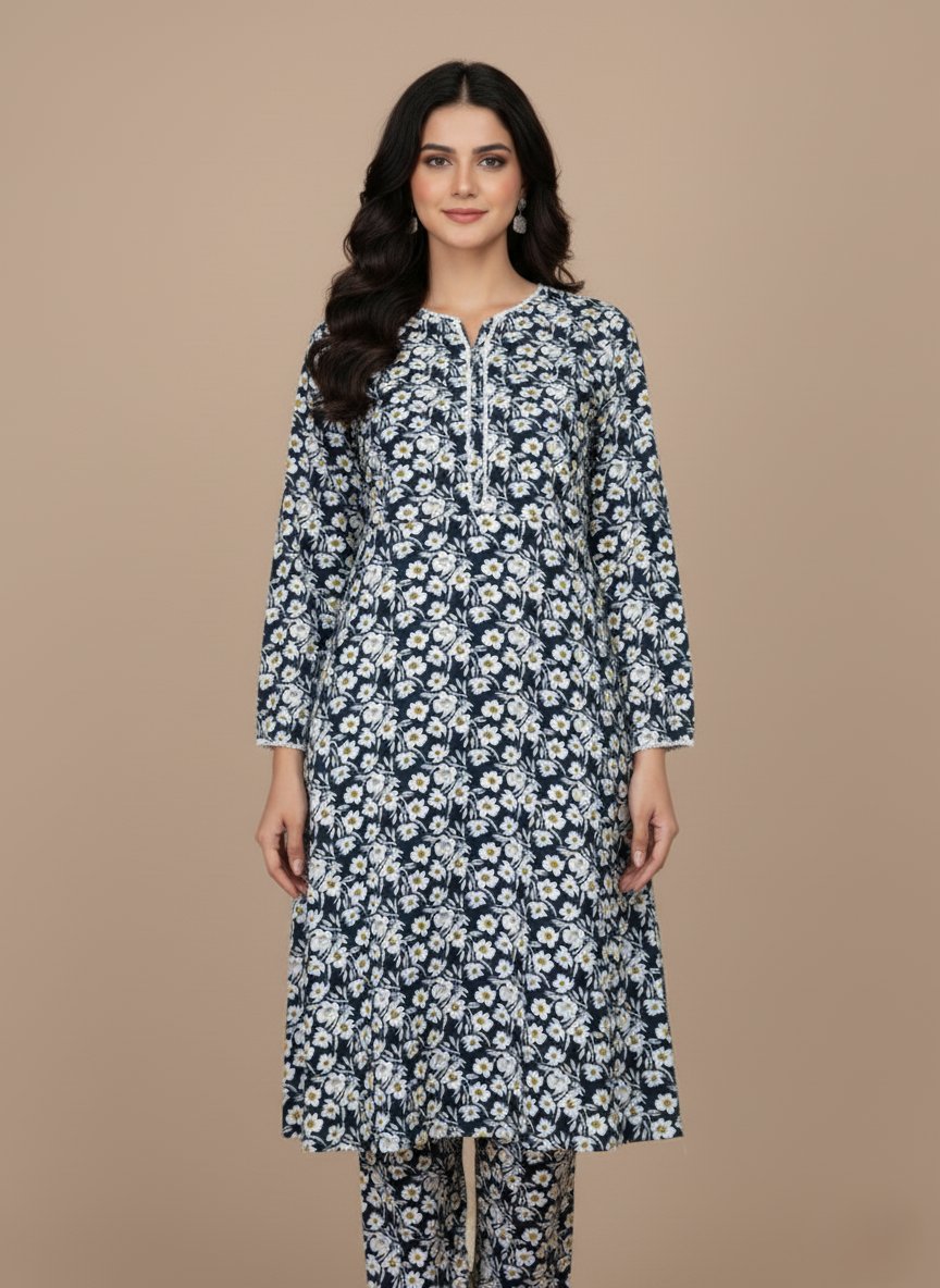 Women's Elegant Blue Floral Print Long Sleeve Frock - 1 Blue floral print long sleeve frock for women, casual day dress with white and yellow flowers