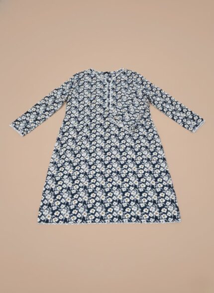 Blue floral print long sleeve frock for women, casual day dress with white and yellow flowers
