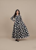 Women's daisy print frock, dark background with white daisies, elegant floral midi dress, women's casual dress.