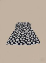 Women's daisy print frock, dark background with white daisies, elegant floral midi dress, women's casual dress.