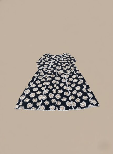 Women's daisy print frock, dark background with white daisies, elegant floral midi dress, women's casual dress.