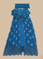 Women's embellished maxi dress with intricate silver detailing and a long, flowing design, folded on a light background.