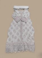 Women's embellished maxi dress with intricate silver detailing and a long, flowing design, folded on a light background.