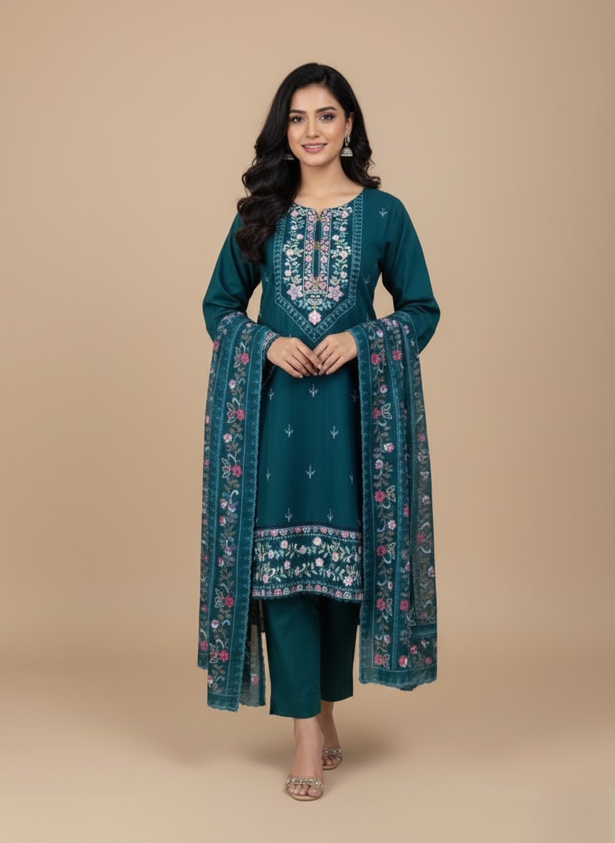 Women's Embroidered Cotton Teal Suit 3-Piece Image of a woman wearing a teal embroidered cotton suit with floral patterns and a matching dupatta.