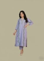 A lavender hand-painted floral kurta sweater, part of a 2-piece stitched set, featuring green and pink floral designs on a light background.
