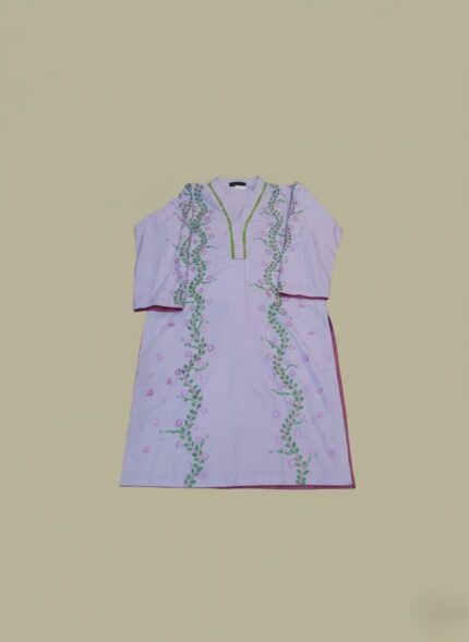 A lavender hand-painted floral kurta sweater, part of a 2-piece stitched set, featuring green and pink floral designs on a light background.