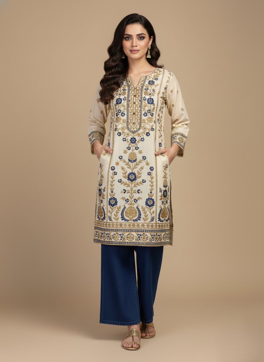 Women's High-Waisted Elastic Waist Denim Jeans - Wide Leg Comfort - 1 Blue women's high-waisted elastic waist denim jeans with wide legs on a light background.