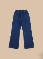 Blue women's high-waisted elastic waist denim jeans with wide legs on a light background.