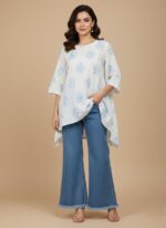 Women's blue denim wide leg jeans with a frayed hem and high waist, casual fashion apparel.