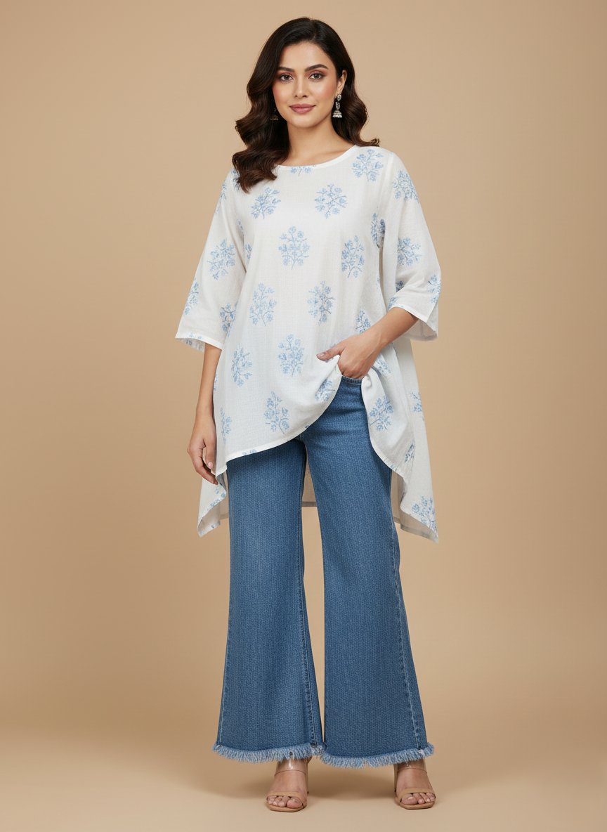 Women's High-Waisted Frayed Hem Wide Leg Denim Jeans - Casual Blue Flare - 1 Women's blue denim wide leg jeans with a frayed hem and high waist, casual fashion apparel.