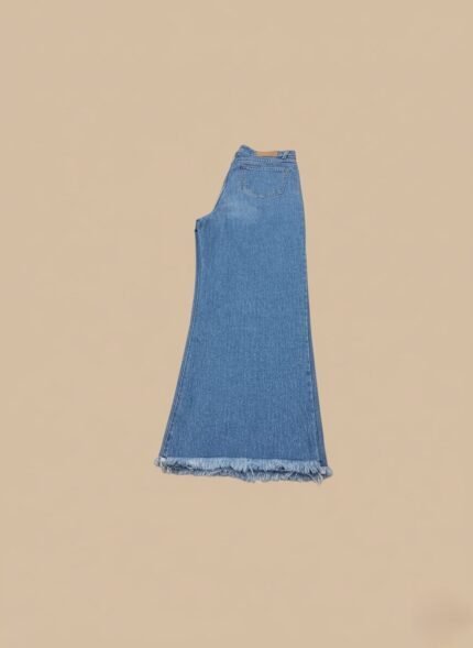 Women's blue denim wide leg jeans with a frayed hem and high waist, casual fashion apparel.