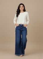 Women's wide leg denim jeans, high-waisted, dark wash with a frayed hem on a neutral background.