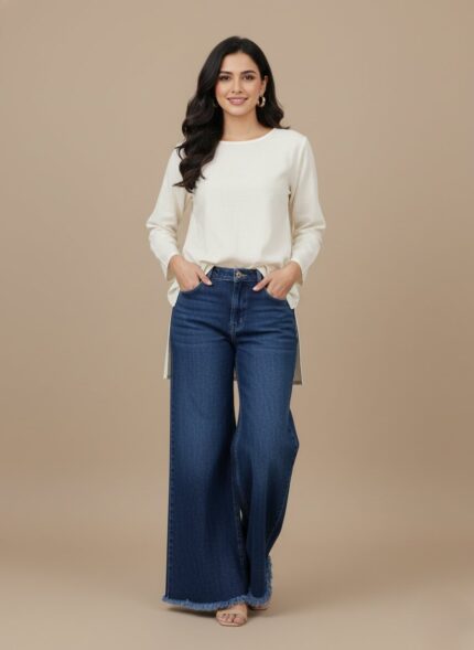 Women's wide leg denim jeans, high-waisted, dark wash with a frayed hem on a neutral background.