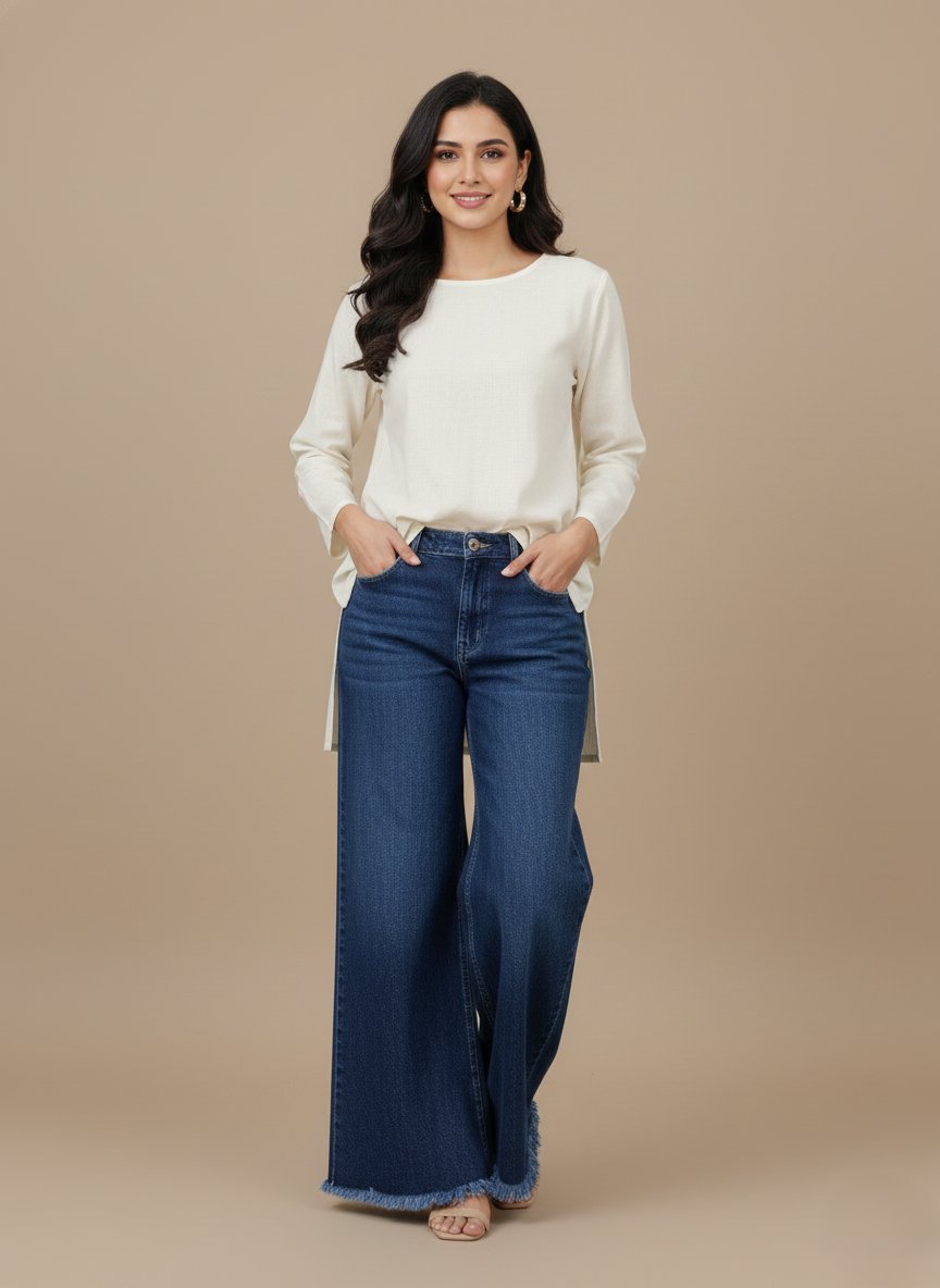 Women's High-Waisted Wide Leg Denim Jeans with Frayed Hem - 1 Women's wide leg denim jeans, high-waisted, dark wash with a frayed hem on a neutral background.