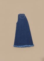 Women's wide leg denim jeans, high-waisted, dark wash with a frayed hem on a neutral background.