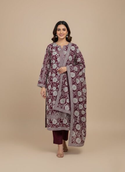 Maroon khaddar printed 2-piece suit with white floral design for women