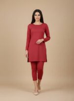 Folded red leggings made from soft cotton, ideal for women seeking comfortable and stylish everyday wear.