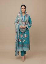 Teal floral printed 3-piece lawn suit with embroidered neckline and cuffs, matching floral dupatta, and plain trouser, showcasing summer fashion for women.