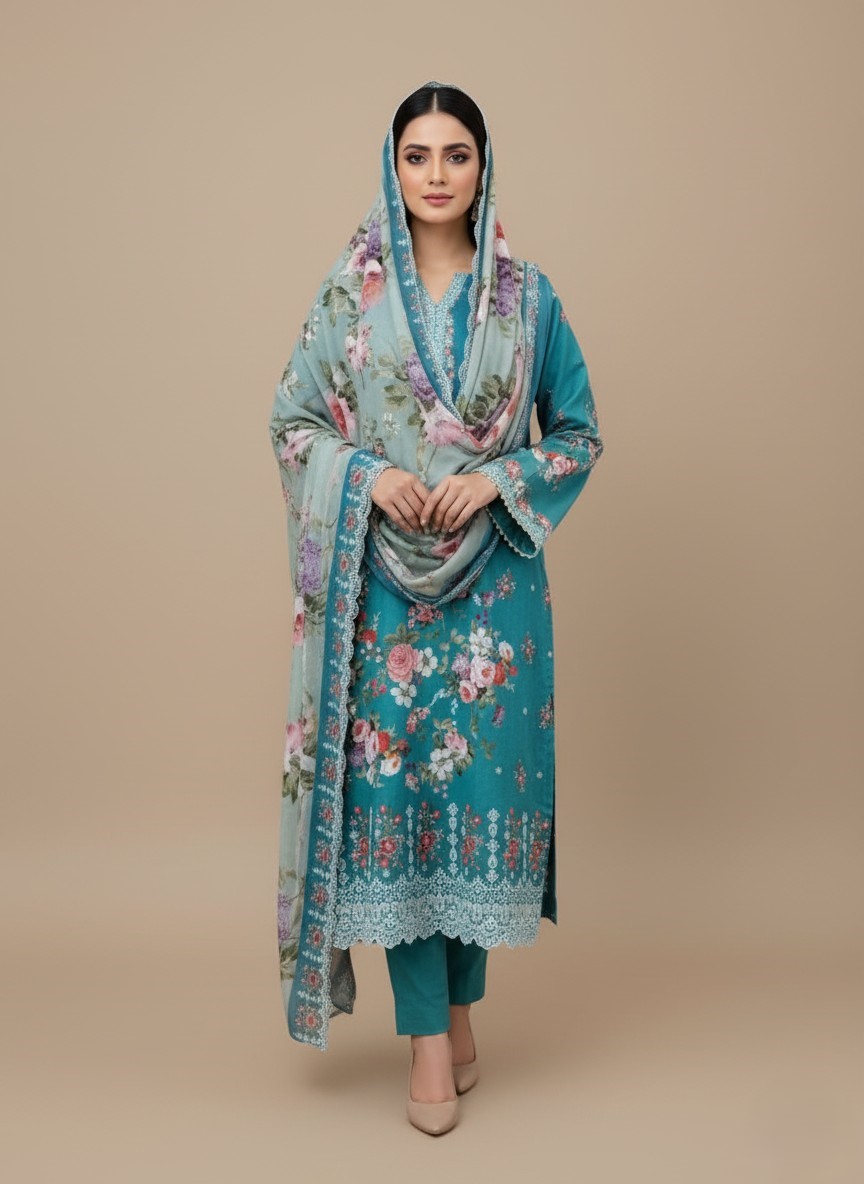 Women's Teal Floral Printed 3-Piece Lawn Suit with Embroidered Details - 1 Teal floral printed 3-piece lawn suit with embroidered neckline and cuffs, matching floral dupatta, and plain trouser, showcasing summer fashion for women.