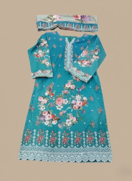 Teal floral printed 3-piece lawn suit with embroidered neckline and cuffs, matching floral dupatta, and plain trouser, showcasing summer fashion for women.