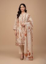 Model wearing Zara Meer Spring Digital Printed Karandi Design 01 3-piece suit featuring elegant brown and cream floral patterns