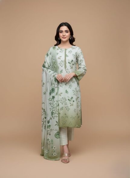 Model wearing Zara Meer Spring Digital Printed Karandi 3-piece suit Design 04 featuring a fresh green and white floral pattern