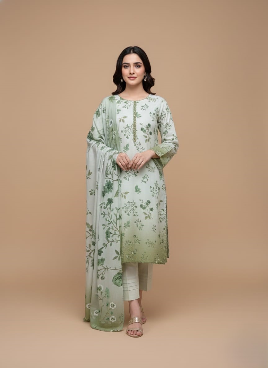 Zara Meer Spring Digital Printed Karandi Three-Piece Suit - Design 04 Model wearing Zara Meer Spring Digital Printed Karandi 3-piece suit Design 04 featuring a fresh green and white floral pattern