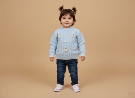 Smiling toddler girl in a light blue knit sweater with bunny appliques and bows, blue jeans, and white canvas shoes, standing on a beige background.