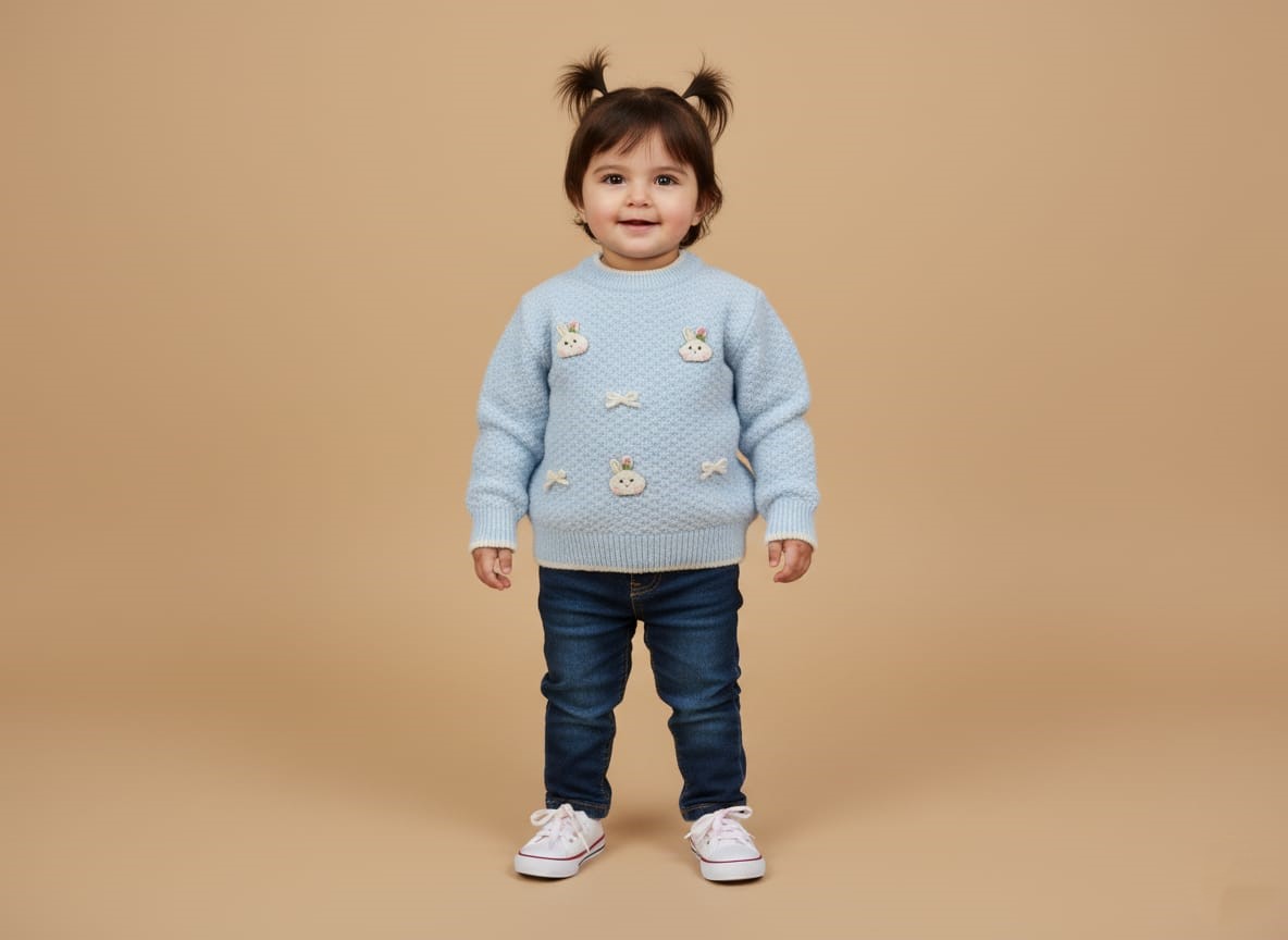 Blue Toddler Bunny Sweater | Girls' Knitwear | Cute Animal Theme Smiling toddler girl in a light blue knit sweater with bunny appliques and bows, blue jeans, and white canvas shoes, standing on a beige background.