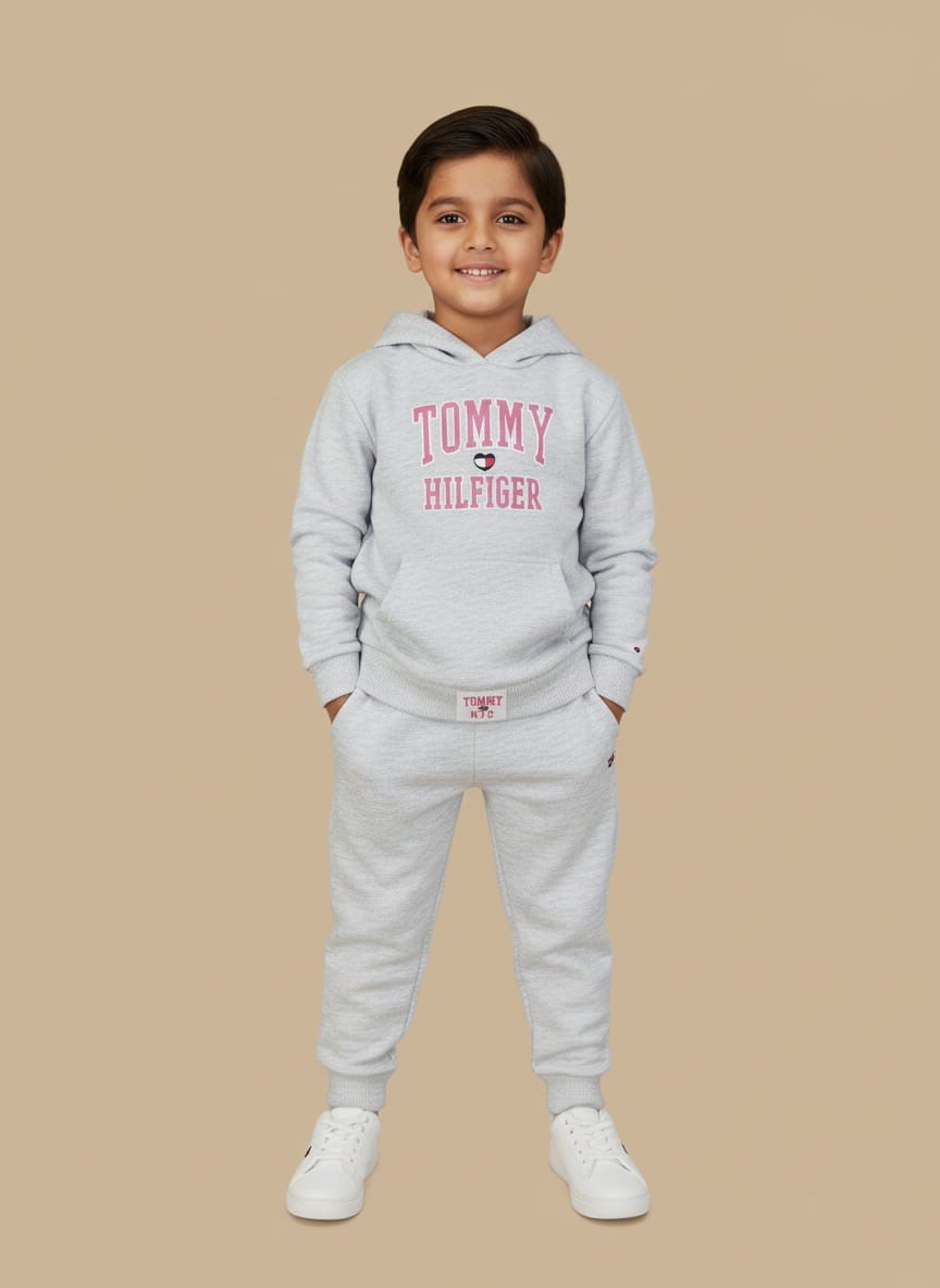 Boys Grey Tracksuit | Tommy Hilfiger Hooded Set | Shop Kids' Activewear Full-length image of a smiling young boy wearing a light grey Tommy Hilfiger Boys Grey Tracksuit with a logo hooded sweatshirt and matching joggers, standing in white sneakers against a beige background.