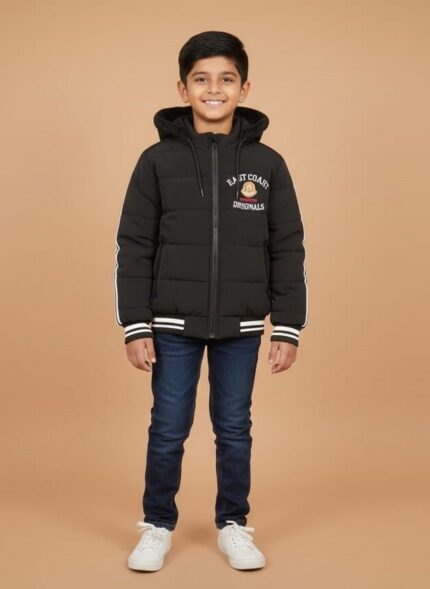 Boys Puffer Jacket | Black Hooded Coat | Kids Winter Wear