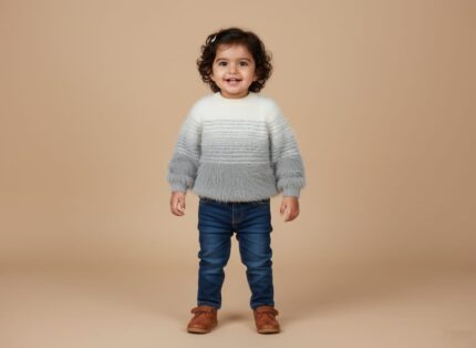 Happy toddler girl in a fluffy white and grey ombre sweater, blue jeans, and brown Mary Jane shoes, standing on a beige background.