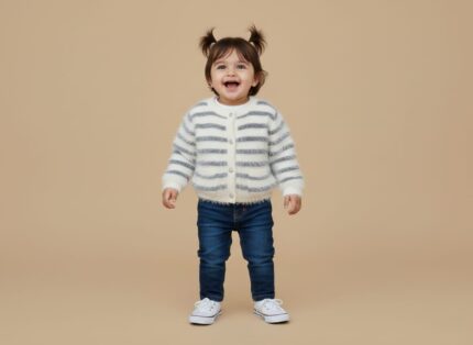 Happy toddler girl in a fluffy white and grey striped sweater with buttons, blue jeans, and white canvas shoes, standing against a beige background.