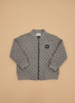 Stylish Boys Patterned Jacket - Grey Bomber Style with Monogram Print - Image 2