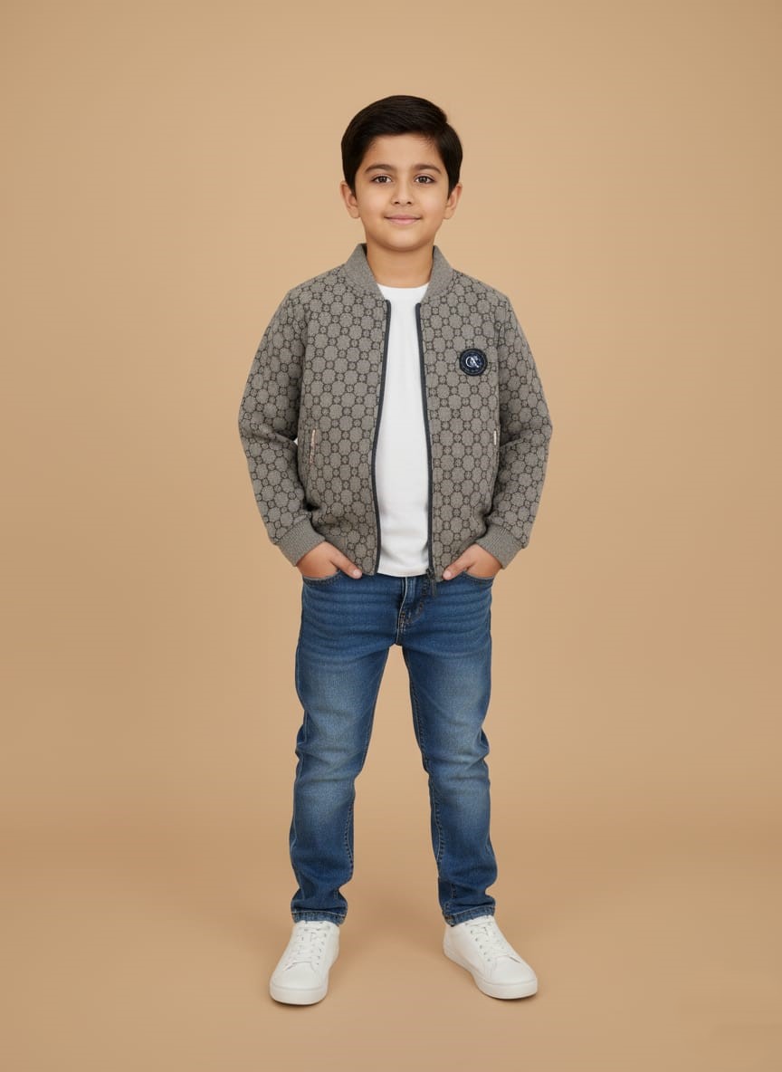 grey patterned bomber jacket Happy boy in a grey patterned bomber jacket with a monogram print and badge, white t-shirt, blue jeans, and white sneakers,