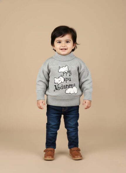 Happy toddler boy or girl in a grey mock neck sweater with a "Happy Pupu Andamma" graphic and white clouds, blue jeans, and brown shoes.